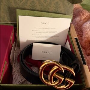 Gucci Mariemont black Leather Belt with Gold Double G Buckle